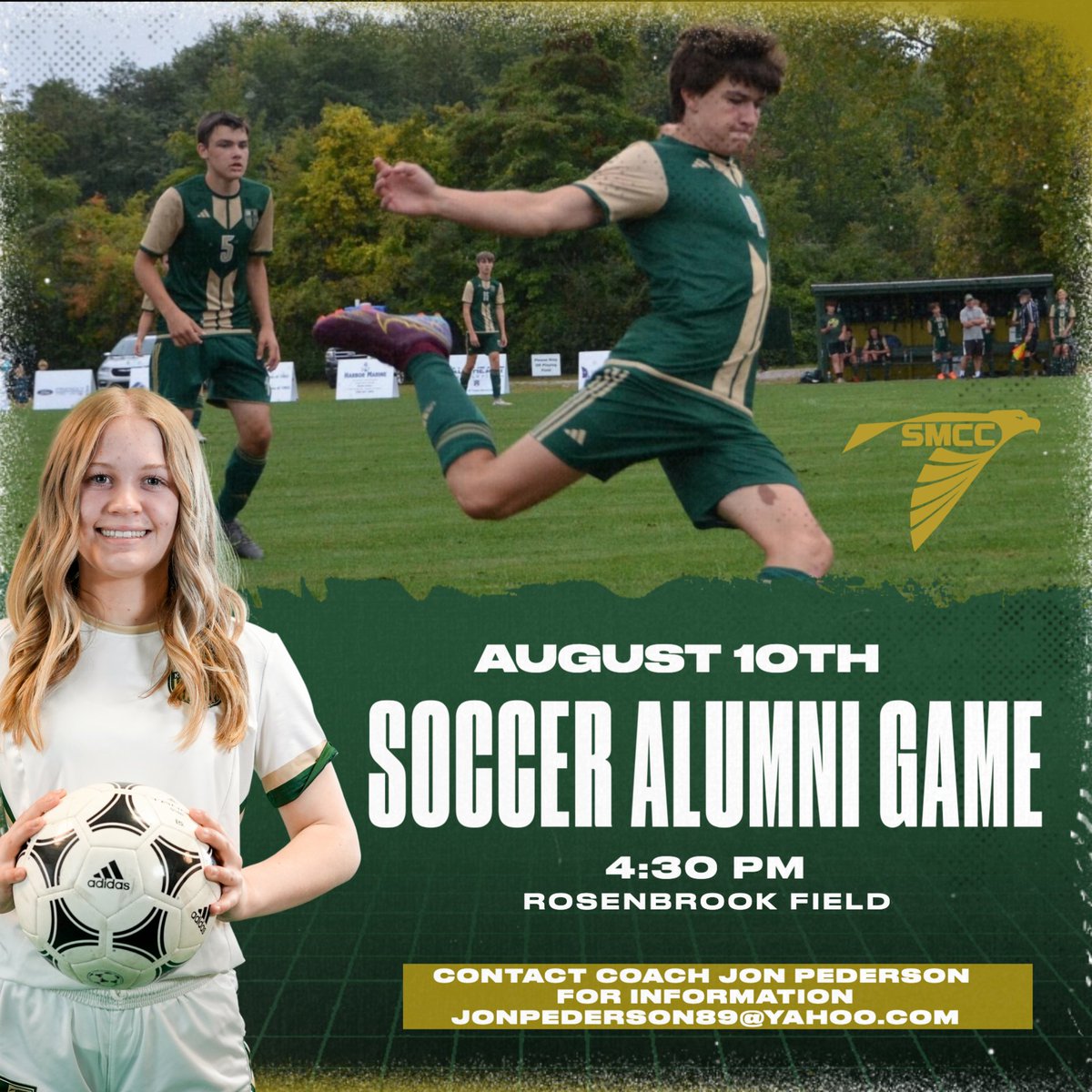 SMCC Soccer Alums – We Want You Back at The Nest!

Mark your calendars for Sunday, August 10, and join us for the 2025 SMCC Alumni Soccer Game and pizza potluck! All former Falcons and Kestrels soccer players – and your families – are welcome.

Whether you come to play or just
