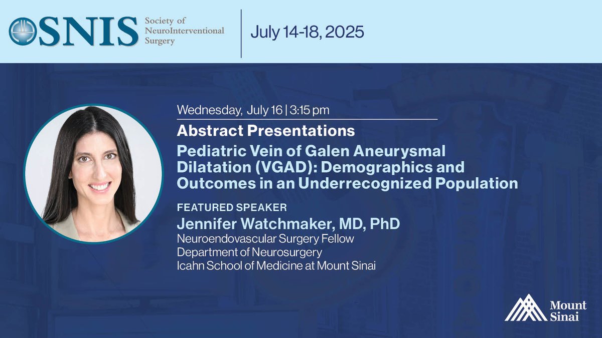 Mount Sinai Neurosurgery (@mountsinaineuro) on Twitter photo . <a href="/jennwatch/">Jennifer Watchmaker, MD, PhD</a>, #Neuroendovascular Fellow at @CVCMountSinai & <a href="/MountSinaiNeuro/">Mount Sinai Neurosurgery</a>, presents on #Pediatric Vein of Galen #Aneurysmal Dilatation (#VGAD): Demographics & Outcomes in underrecognized populations. Research mentors: <a href="/johannatfifi/">Johanna T. Fifi, MD</a> <a href="/TShigematsuMD/">Tomo Shigematsu</a>. <a href="/SNISinfo/">SNIS Info</a> 🧠 . <a href="/jennwatch/">Jennifer Watchmaker, MD, PhD</a>, #Neuroendovascular Fellow at @CVCMountSinai & <a href="/MountSinaiNeuro/">Mount Sinai Neurosurgery</a>, presents on #Pediatric Vein of Galen #Aneurysmal Dilatation (#VGAD): Demographics & Outcomes in underrecognized populations. Research mentors: <a href="/johannatfifi/">Johanna T. Fifi, MD</a> <a href="/TShigematsuMD/">Tomo Shigematsu</a>. <a href="/SNISinfo/">SNIS Info</a> 🧠