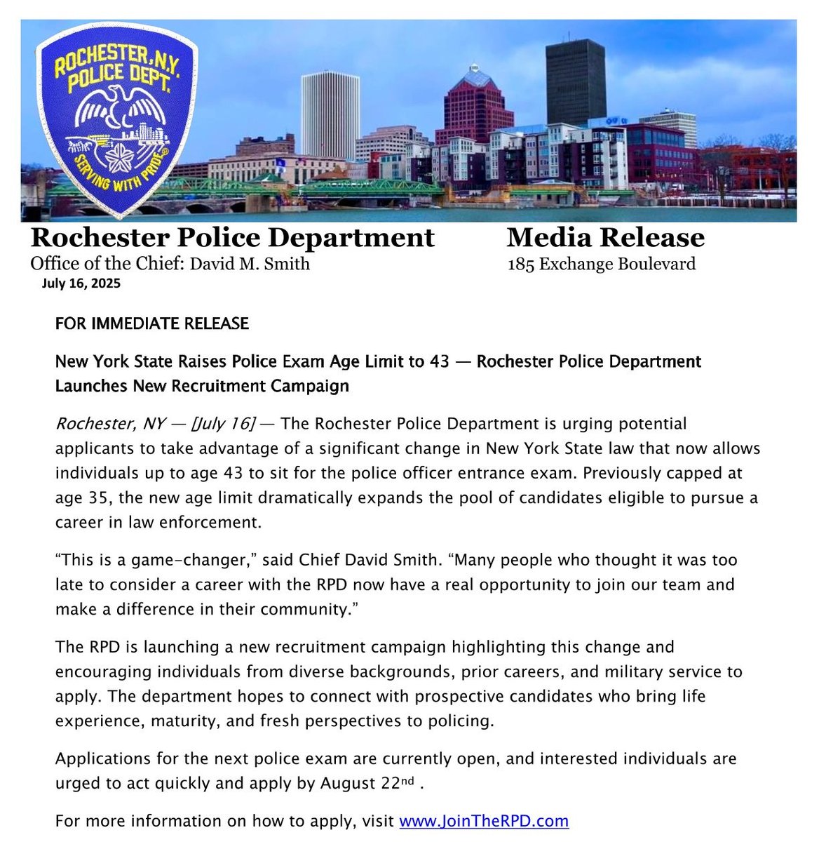 RochesterNYPD's tweet image. If you thought it was too late to consider a career in law enforcement, now is your chance. The age limit to take the Police Exam has been raised to 43 years old. Visit jointheRPD.com to learn more and to sign up.