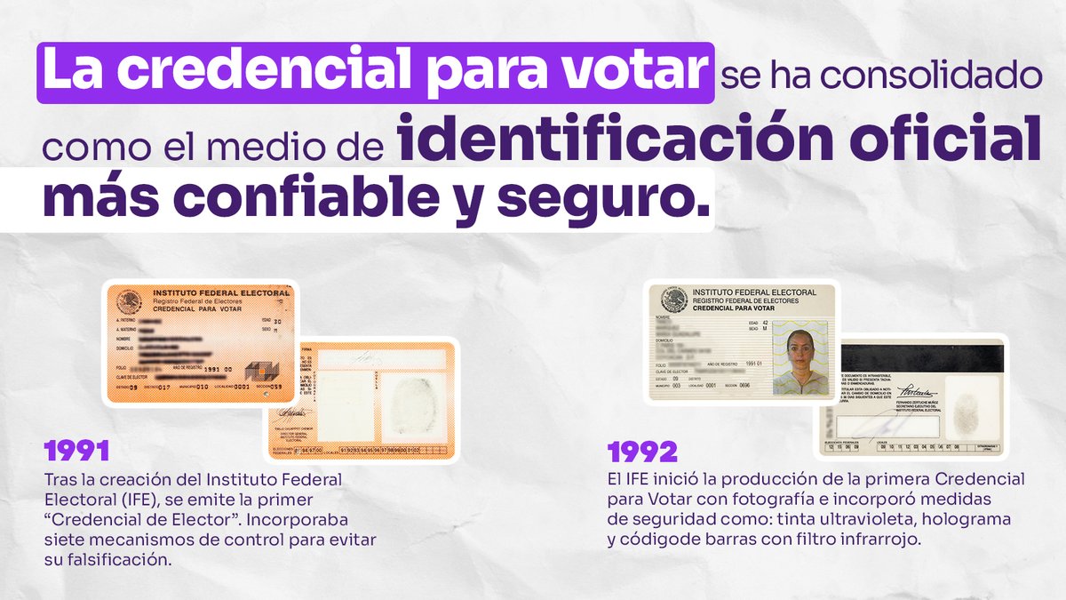CertezaINE's tweet photo. 🪪 La Credencial para Votar es el medio de identificación de las y los mexicanos, que ha contribuido a dotar de certeza las elecciones en el país, por su seguridad y confiabilidad. Pero ¿conoces su origen? 🤔

¡Aquí te contamos los aspectos más importantes de la evolución de la Credencial para Votar!