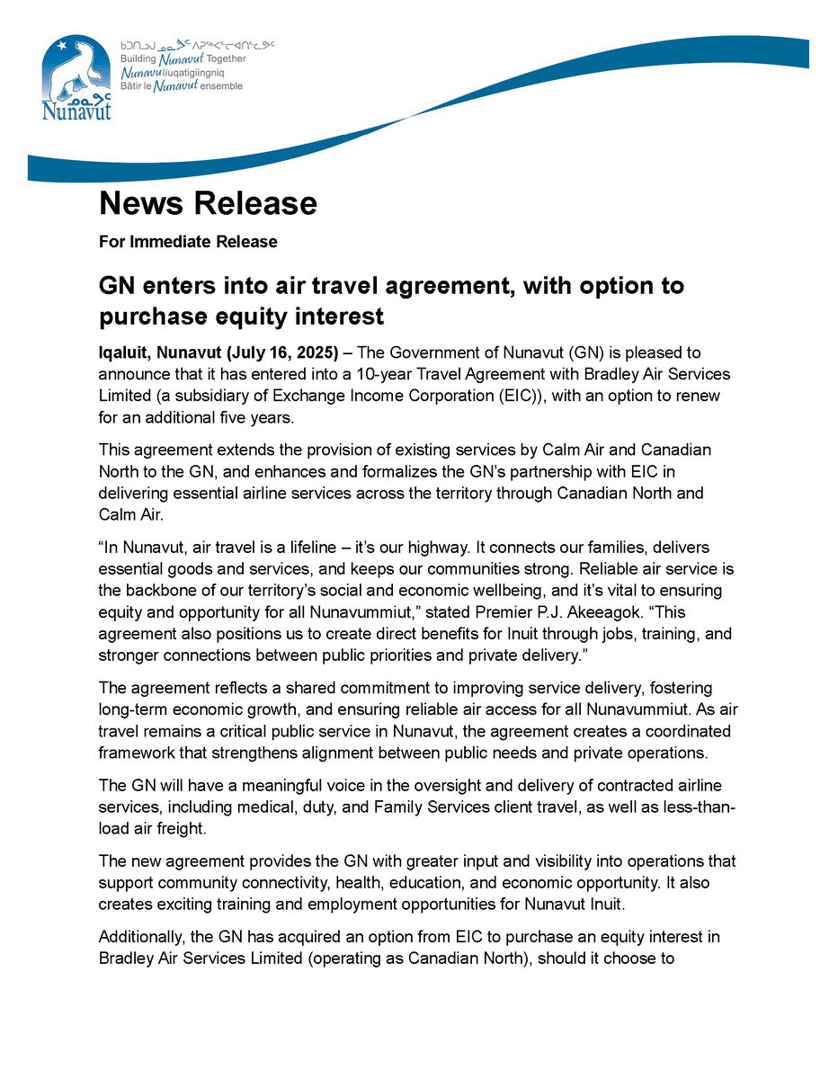 j_akeeagok's tweet image. News Release: GN enters into air travel agreement, with option to purchase equity interest
premier.gov.nu.ca/en/gn-enters-a…