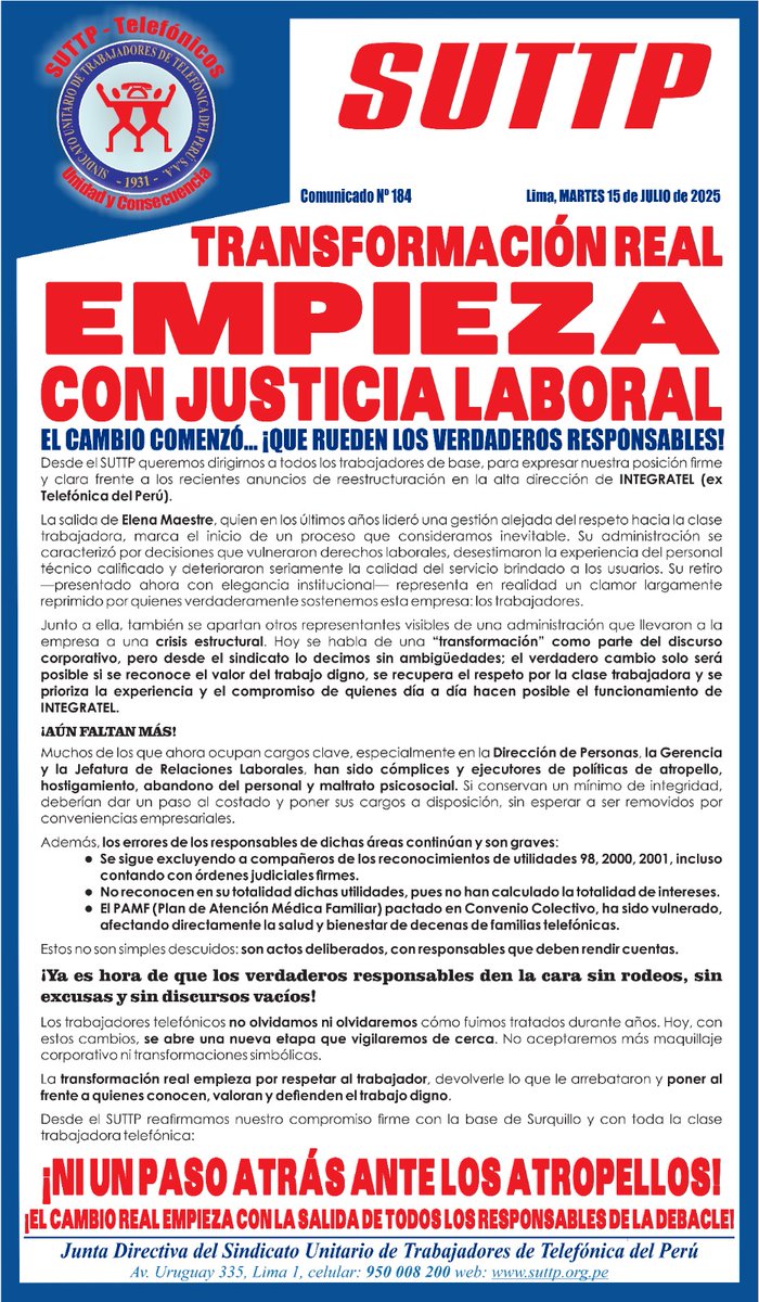 Desde el Suttp Telefónicos, si el cambio comenzó: que rueden los verdaderos responsables de la debacle en telefónica del Peru ( hoy Integratel ).