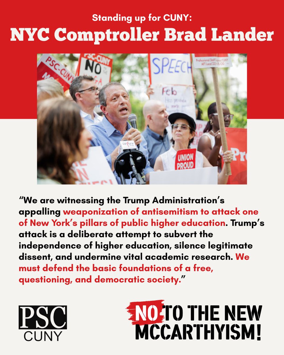 PSC_CUNY's tweet image. “We are witnessing the Trump Administration’s appalling weaponization of antisemitism to attack one of New York’s pillars of public higher education." -- @NYCComptroller @bradlander #HandsOffHigherEd