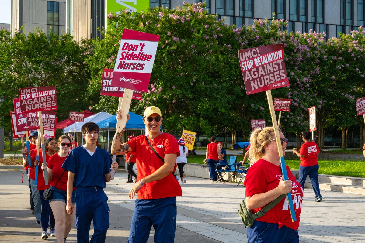 NationalNurses's tweet image. LCMC has been singling out outspoken patient advocates who support our union. They must've forgotten that when you take on one of us, you take on all of us.
New Orleans nurses are out in force for day ✌️ of a strike at @UMCNO.