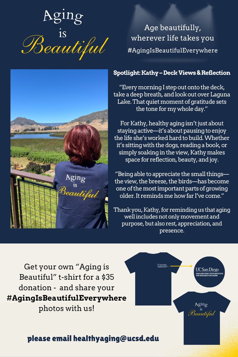 Meet Kathy, this week's spotlight in the #AgingIsBeautifulEverywhere campaign!

📸 Age Beautifully, Wherever Life Takes You. Stay tuned for more inspiring stories!

#UCSDHealthyAging #UCSDSteinInstitute