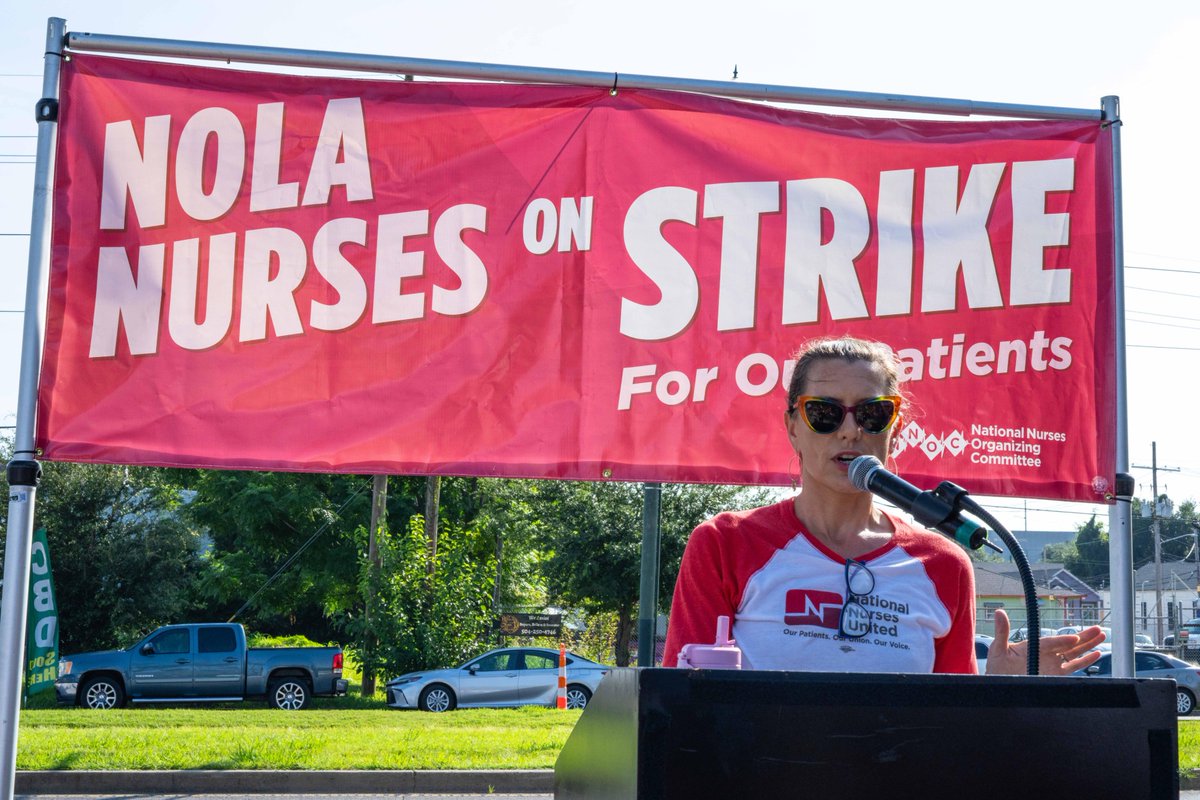 NationalNurses's tweet image. LCMC has been singling out outspoken patient advocates who support our union. They must've forgotten that when you take on one of us, you take on all of us.
New Orleans nurses are out in force for day ✌️ of a strike at @UMCNO.