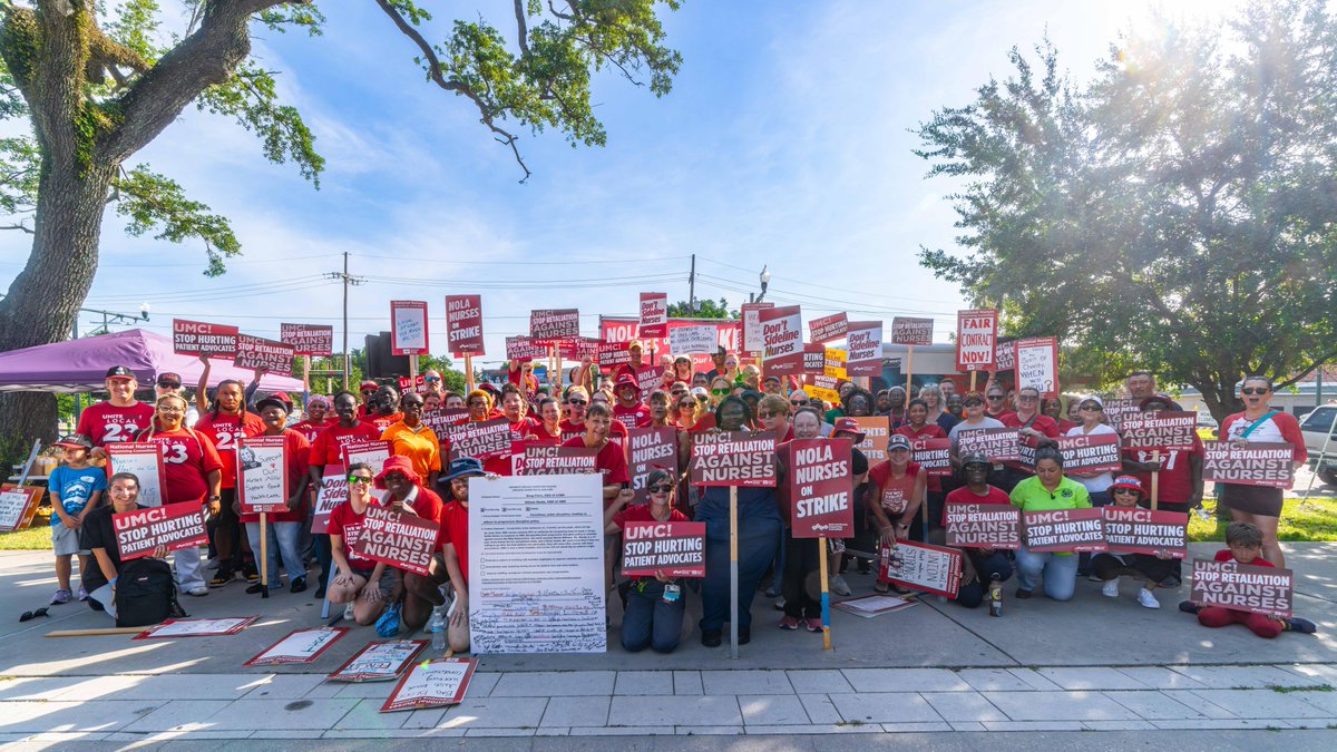 NationalNurses's tweet image. LCMC has been singling out outspoken patient advocates who support our union. They must've forgotten that when you take on one of us, you take on all of us.
New Orleans nurses are out in force for day ✌️ of a strike at @UMCNO.