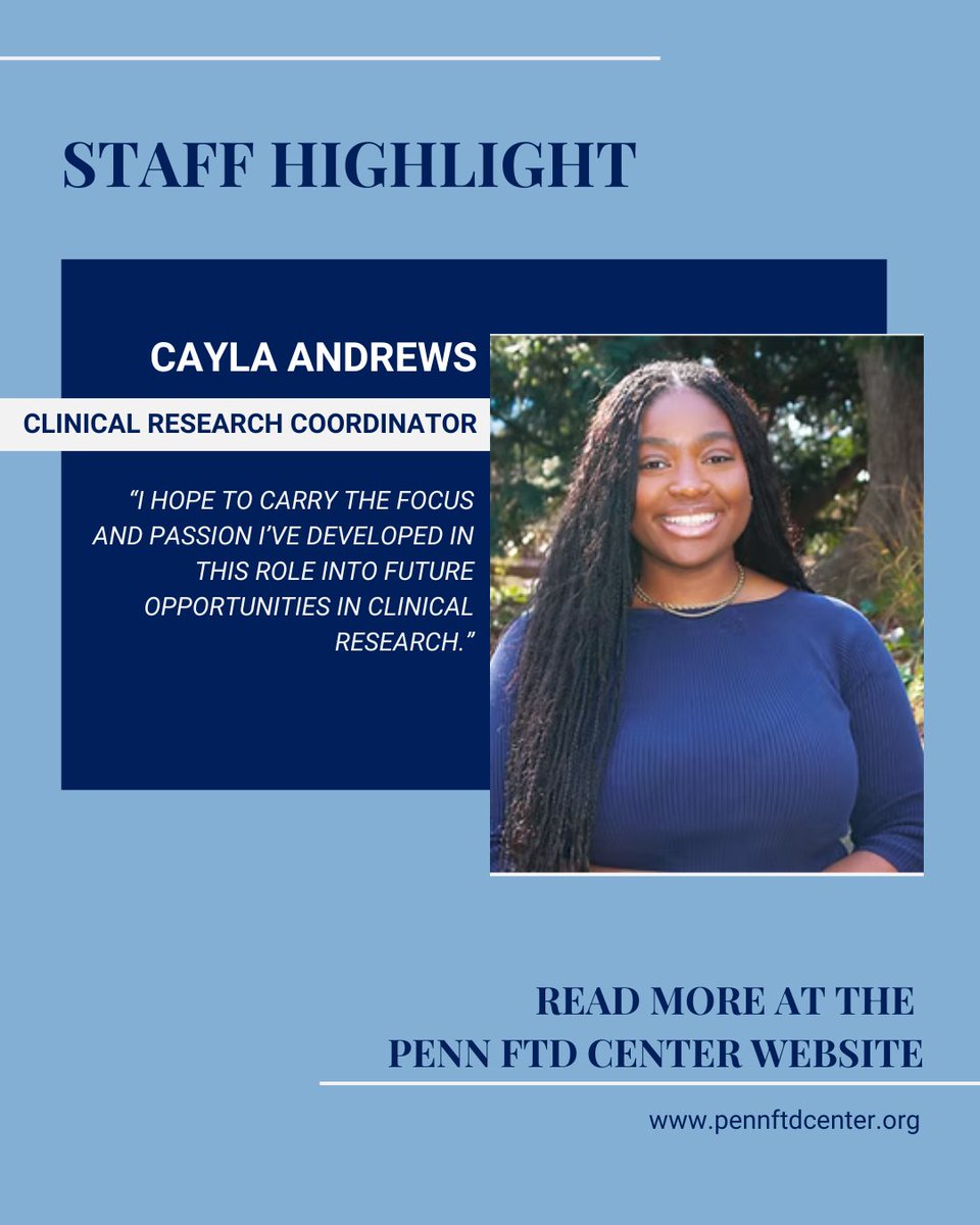PennFTDCenter's tweet image. Penn FTD Center Staff Highlight 🌟
Cayla Andrews schedules research visits, guides families through their research day, and collects data for the research.
📍Read more details on Cayla in the blog post! Link in our bio!