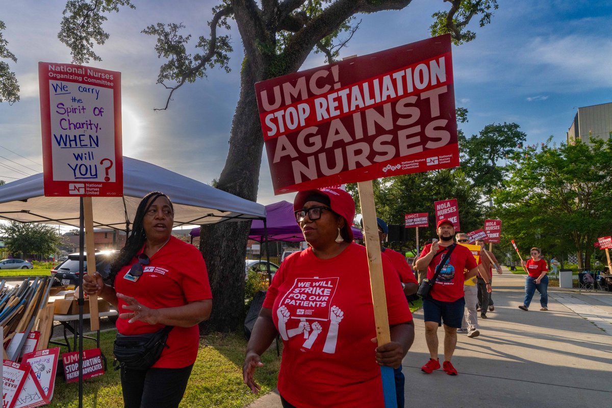 NationalNurses's tweet image. LCMC has been singling out outspoken patient advocates who support our union. They must've forgotten that when you take on one of us, you take on all of us.
New Orleans nurses are out in force for day ✌️ of a strike at @UMCNO.