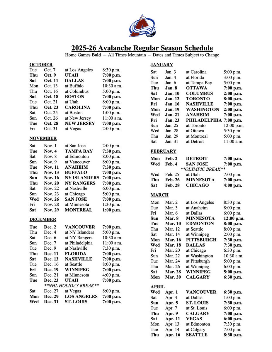 bmcnich's tweet image. The @Avalanche 2025-26 schedule includes:
Franchise-record 18 day games, surpassing previous high of 15 in 1998-99
20-day break for 2026 Winter Olympics in February
7-game homestand in January, club's longest since 2020-21 season