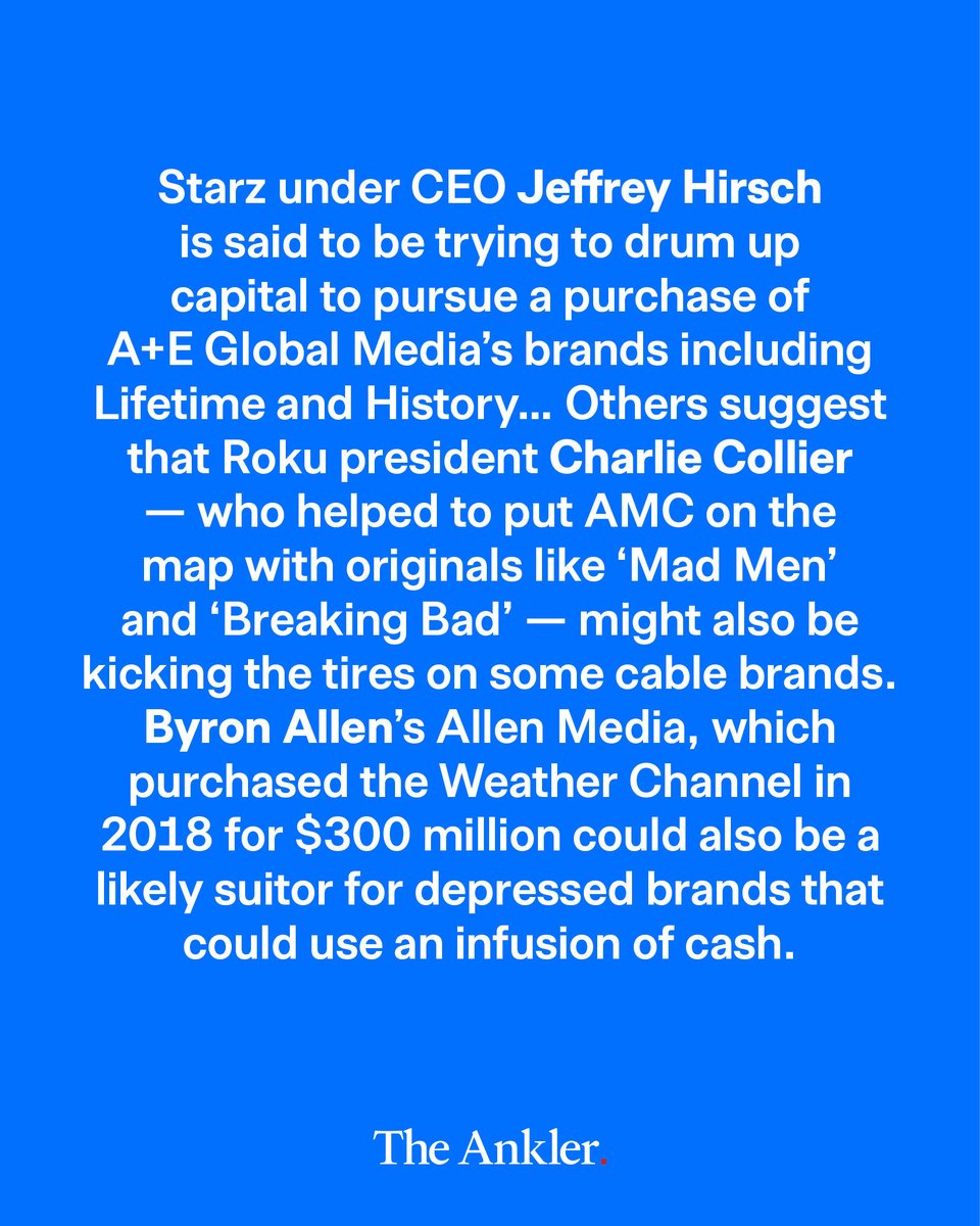 TheAnkler's tweet image. SCOOP: Starz is raising cash to buy Lifetime and History unless Hearst gets there first. Roku’s Charlie Collier and Byron Allen might want cable brands, too. @snoodit and @claireatki see the companies for sale, who’s bidding, and how buyers perceive them
theankler.com/p/the-grim-biz…