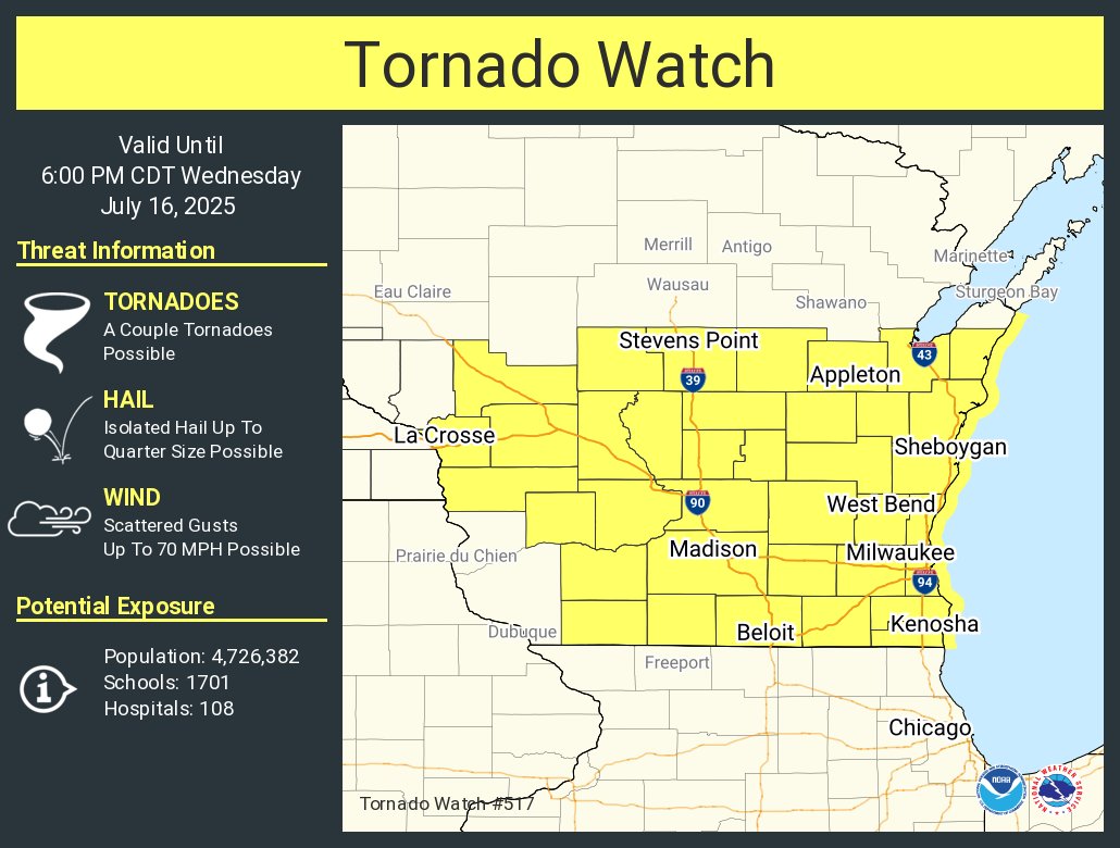 WaukeshaAlerts's tweet image. A tornado watch has been issued until 6PM. A couple tornadoes are possible along with damaging winds up to 70 MPH.