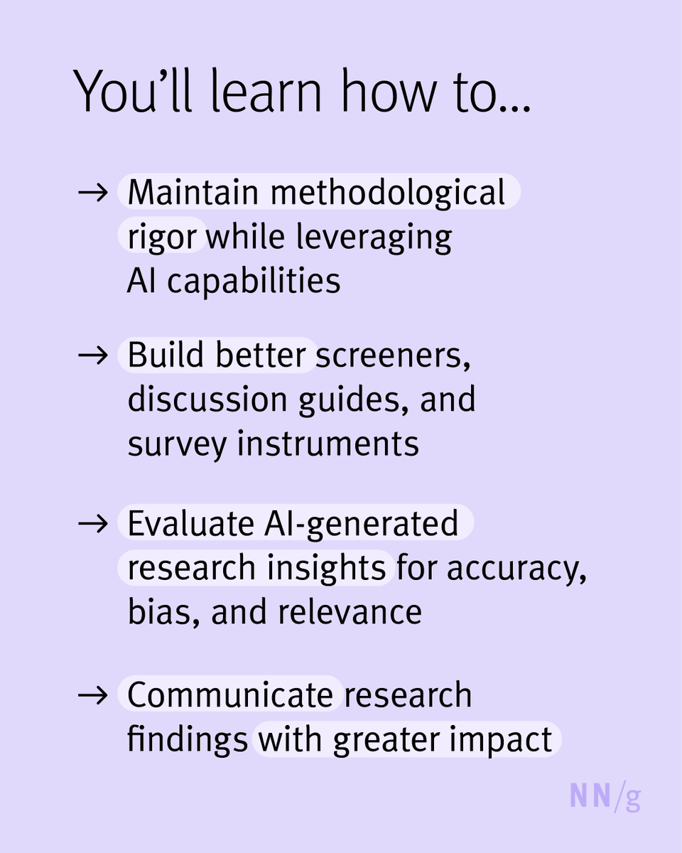 NNgroup's tweet photo. Join our Accelerating Research with AI course to learn how to:

1️⃣ Use AI wisely in your process
3️⃣ Speed up analysis
4️⃣ Communicate findings clearly

🗓️ Next sessions:
Aug 19 • Sept 8–9  • October 6

🔗 Enroll now: https://t.co/SADEVofDex

#UXResearch #AIinUX #GenerativeAI https://t.co/lz1R1j63Ok