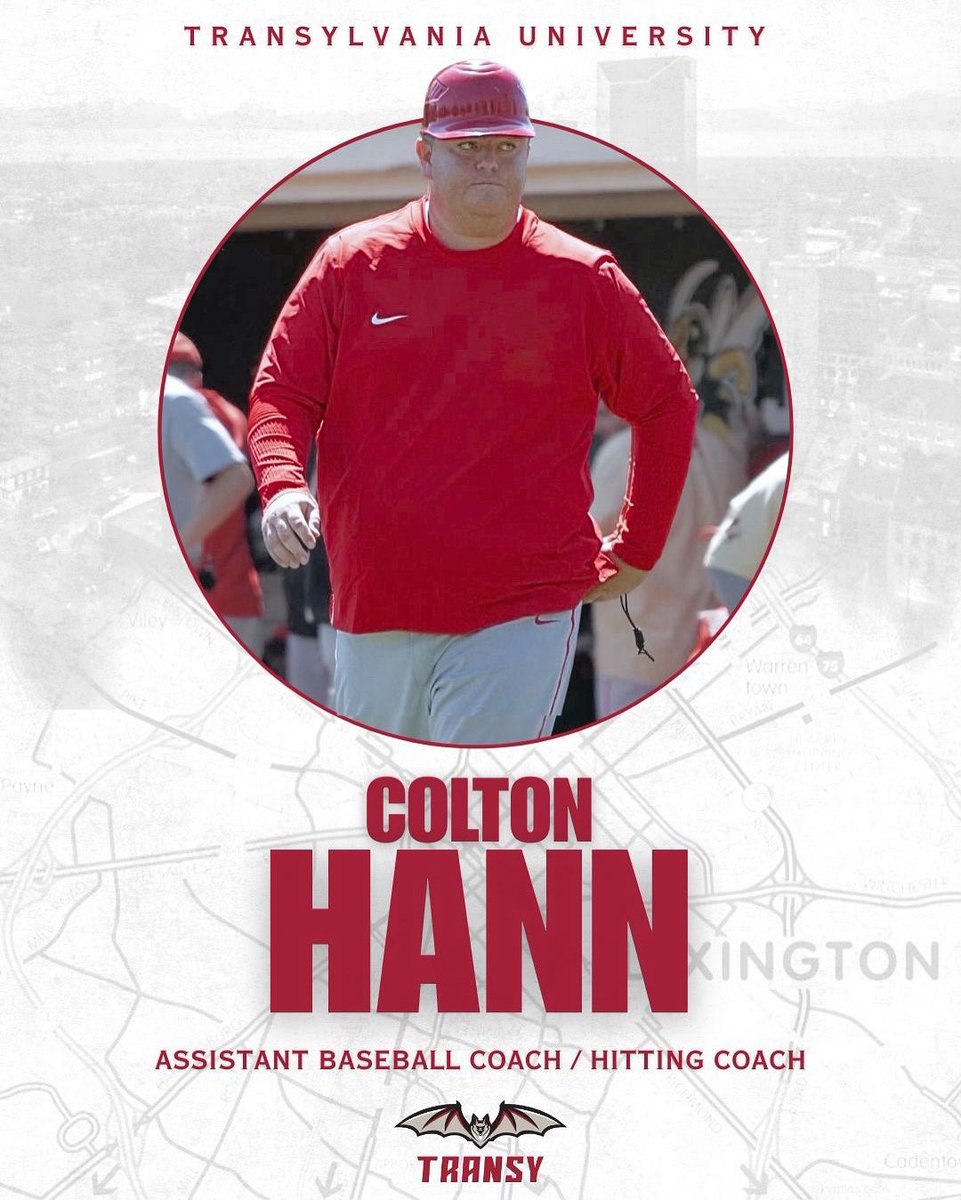TransySports's tweet image. Colton Hann joins @transybaseball as Assistant Coach and Hitting Coach. 

Hann arrives at Transylvania after serving as Assistant Coach and Recruiting Coordinator at Otterbein, as well as Director of Player Development and Operations at Eastern Illinois University. 

Hann also…