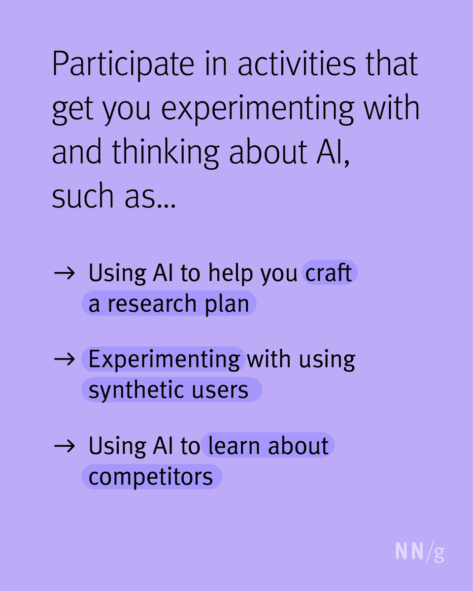 NNgroup's tweet photo. Join our Accelerating Research with AI course to learn how to:

1️⃣ Use AI wisely in your process
3️⃣ Speed up analysis
4️⃣ Communicate findings clearly

🗓️ Next sessions:
Aug 19 • Sept 8–9  • October 6

🔗 Enroll now: https://t.co/SADEVofDex

#UXResearch #AIinUX #GenerativeAI https://t.co/lz1R1j63Ok