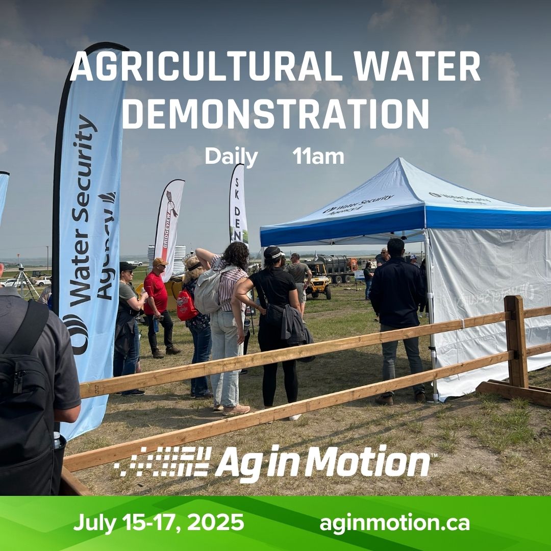 AginMotion's tweet image. Day 2 at #AIM25!!!
Curious about water management on the farm? 💧
Come check out the Agricultural Water Demonstration presented by Water Security Agency, happening daily at 11 AM!
Learn how smart water use supports long-term productivity.