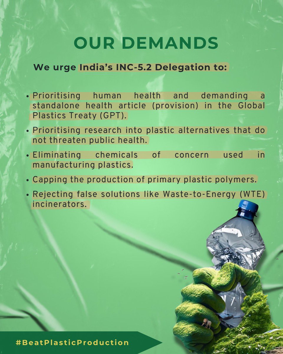 cfa_ind's tweet image. We, the citizens of India, urgently call on our Indian delegation to the Intergovernmental Negotiating Committee (INC)5.2 🌏 to advocate for a strong Global Plastics Treaty 💪🏽 centred on human health and plastic production rather than only plastic waste management.
🚨🚨 90% of…