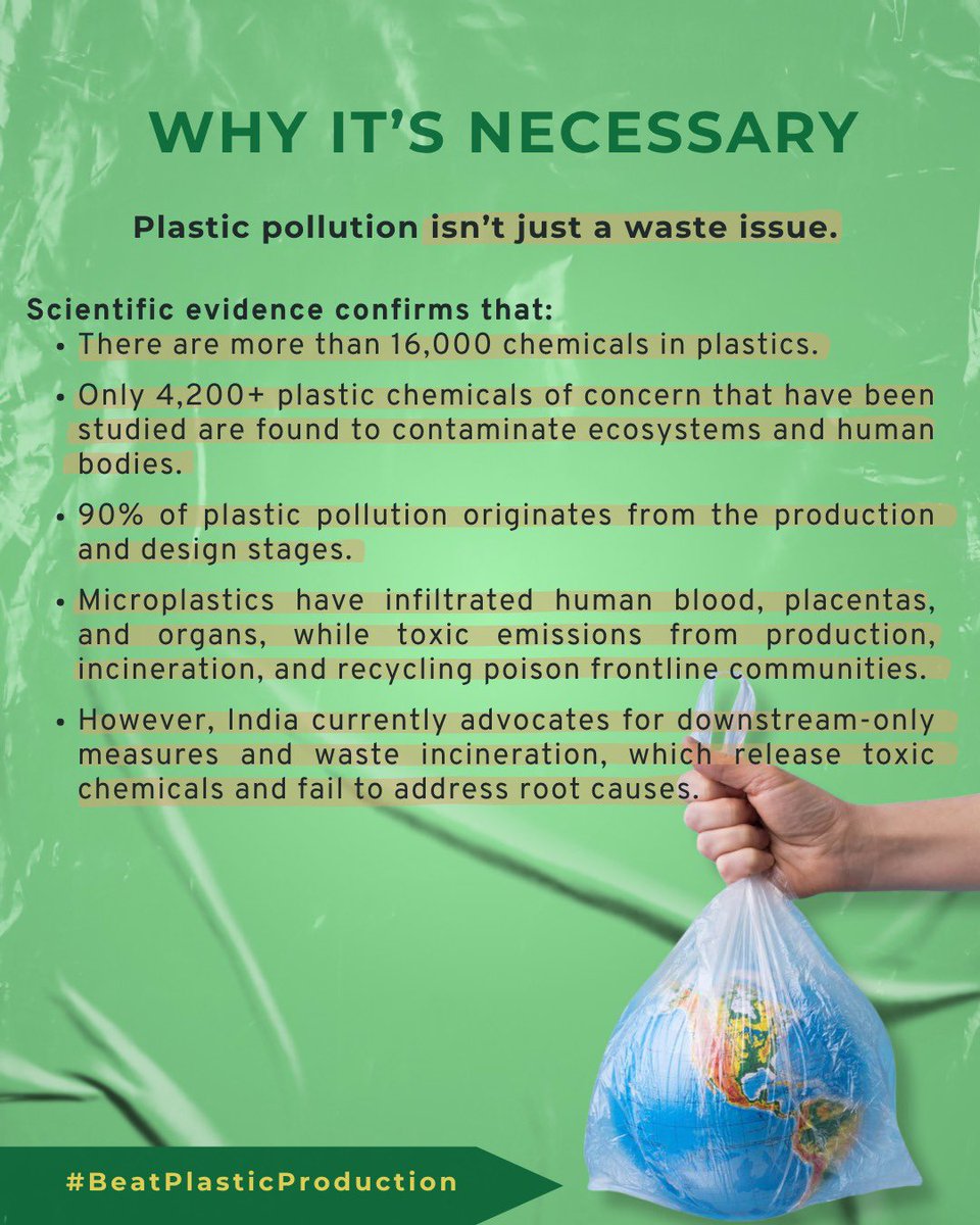 cfa_ind's tweet image. We, the citizens of India, urgently call on our Indian delegation to the Intergovernmental Negotiating Committee (INC)5.2 🌏 to advocate for a strong Global Plastics Treaty 💪🏽 centred on human health and plastic production rather than only plastic waste management.
🚨🚨 90% of…