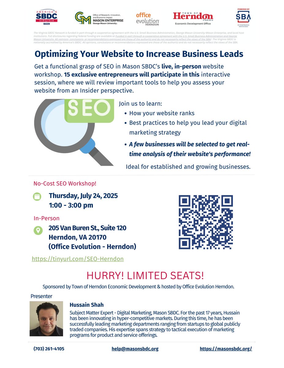 Hey Herndon! Our Digital Marketing expert, Hussain Shah is doing a live, interactive session at Office Evolution (Herndon) on July 24, 2025 (1-3 pm).

Get a functional grasp of SEO and review tools that can help you assess your website. 

FREE Workshop - ow.ly/aKEF50WqK1P