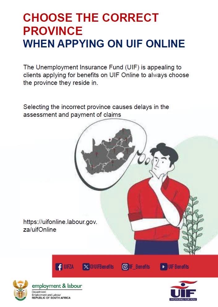 The #UIF is appealing to clients who apply for benefits on uFiling to always choose the province they reside in. Selecting the incorrect province causes delays in the assessment and payment of claims.

#UIF
#WorkingForYou