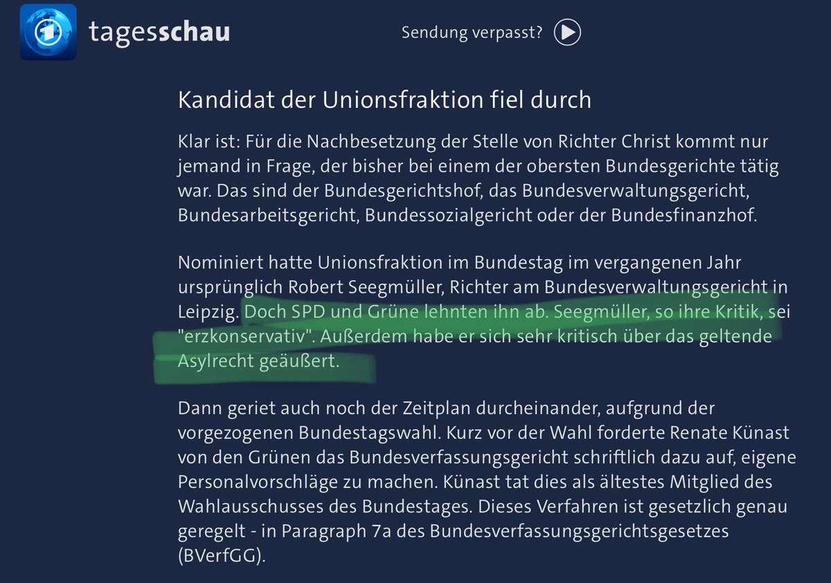 Als Rot-Grün den konservativen Kandidaten Robert Seegmüller fürs #Bundesverfassungsgericht ablehnte, hat die Union ihn still und leise zurückgezogen. Wenn die Union jetzt nach all der Kritik an der linken Kandidatin #BrosiusGersdorf diese doch noch wählen würde, wäre es die