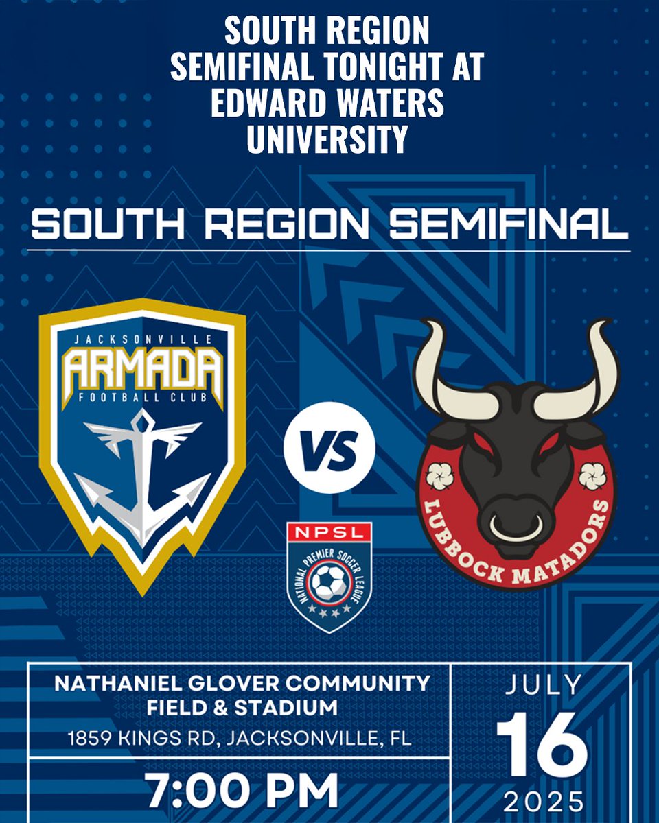jacksonville_fc's tweet image. It’s a National Premier Soccer League South Region Semifinal #MATCHDAY for the Jacksonville Armada FC as they take on the Lubbock Matadors from Texas for a spot in the Region Final!
Kickoff is at 7pm tonight @ Edward Waters University!!!
Get tickets at armadafc.com