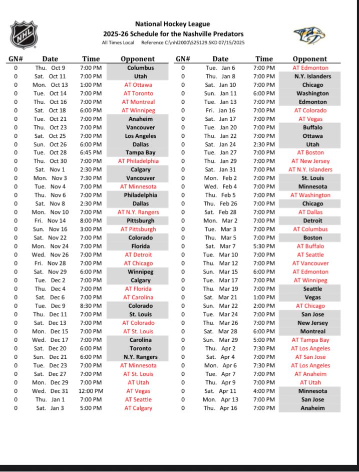 MaxHerzTalks's tweet image. Here's the 2025-26 Nashville Predators schedule!
All times are local to where the game takes place @1025TheGame