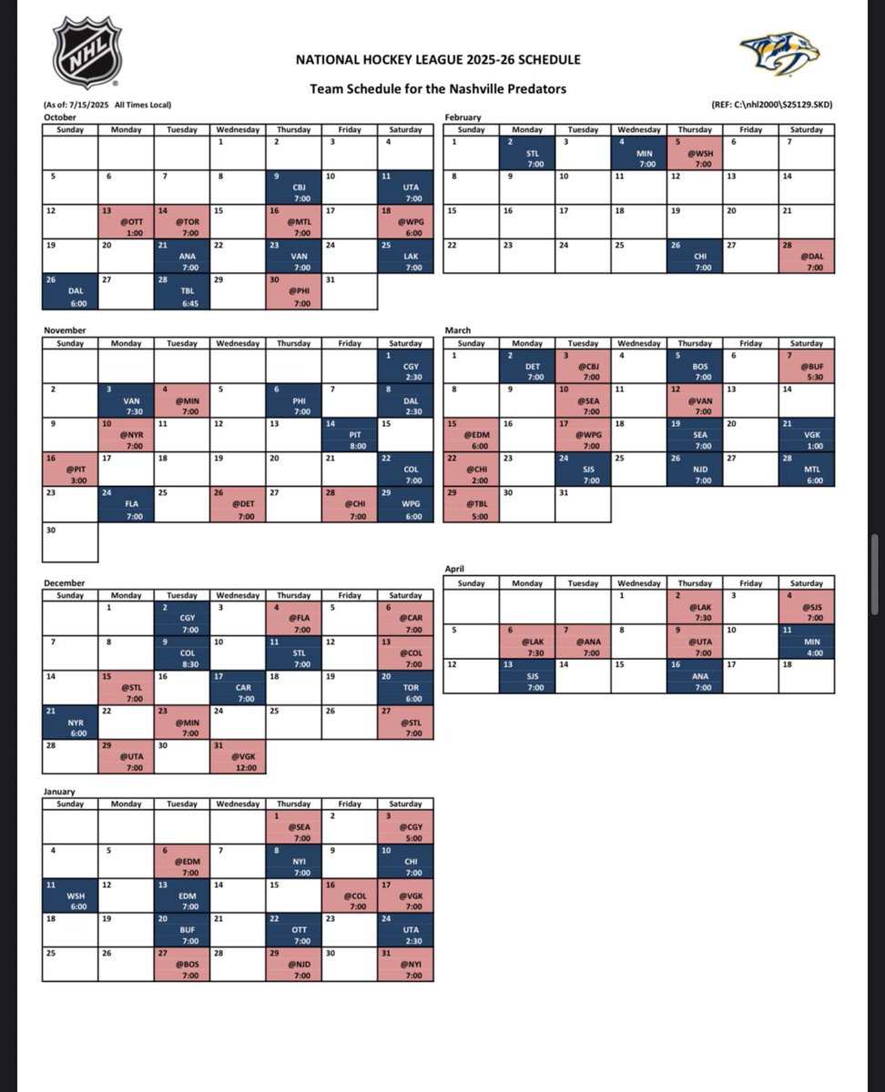 MaxHerzTalks's tweet image. Here's the 2025-26 Nashville Predators schedule!
All times are local to where the game takes place @1025TheGame