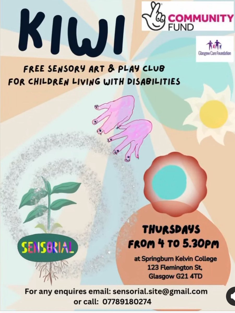 Free Summer sessions continue at KIWI! 🥝 😎

This Thursday, KIWI club will be at Glasgow Kelvin College, Springburn.

Join us from 4pm for sensory fun and games, crafts, and a green outdoor space to play 

Suitable for children aged 5-15 living with ASN and disabilities.
