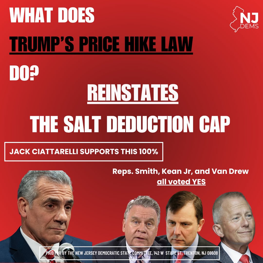 newjerseydems's tweet image. Trump’s budget brings back the SALT cap, which was already set to expire this year.
Of course, @Jack4NJ’s all for it. After all, it’s what Trump wants.