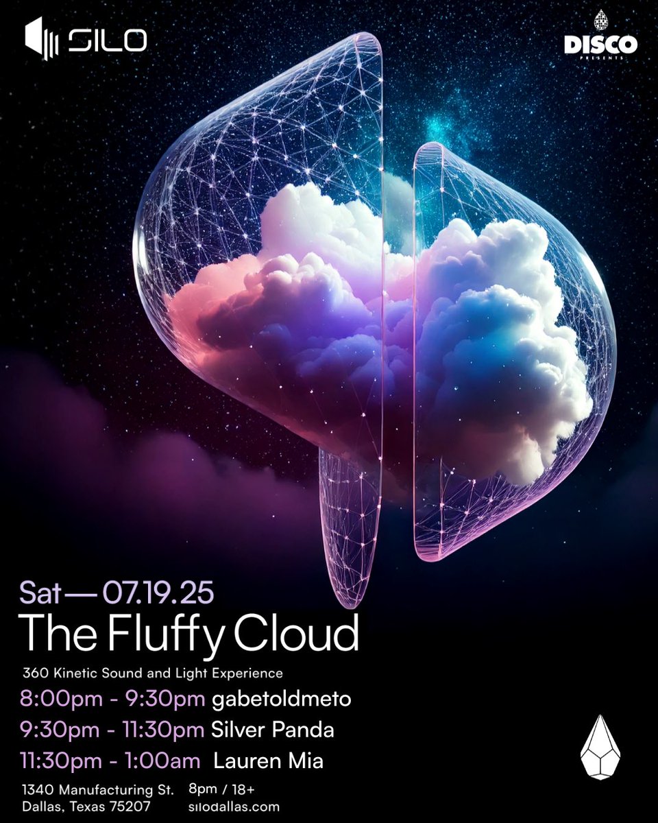 SiloDallas's tweet image. THIS SATURDAY ☁️ @realfluffycloud invades SILO Dallas for the first time ever with sets from
⚡️ gabetoldmeto
⚡️ @_laurenmiamusic
⚡️ @SilverPandaOFC
Prepare to be immersed in the world’s first fully 360° audience-scanning kinetic laser system & a spherical LED show like nothing…