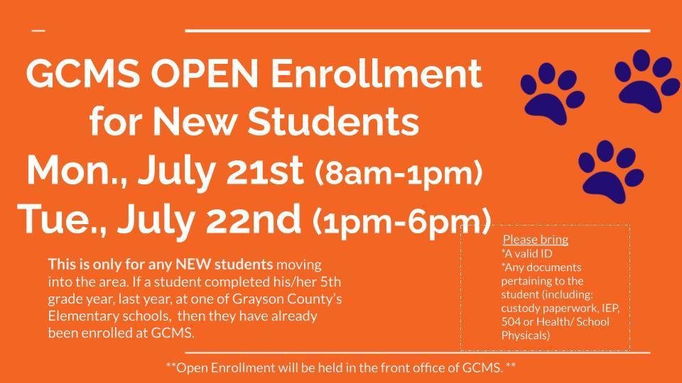 GCMSCougars's tweet photo. Please see the attached graphic with information for our upcoming Open Enrollment for GCMS students who are NEW to the GC District.  If your child attended school in the GC district last year, you do not need to attend. https://t.co/zpMY94NjGn