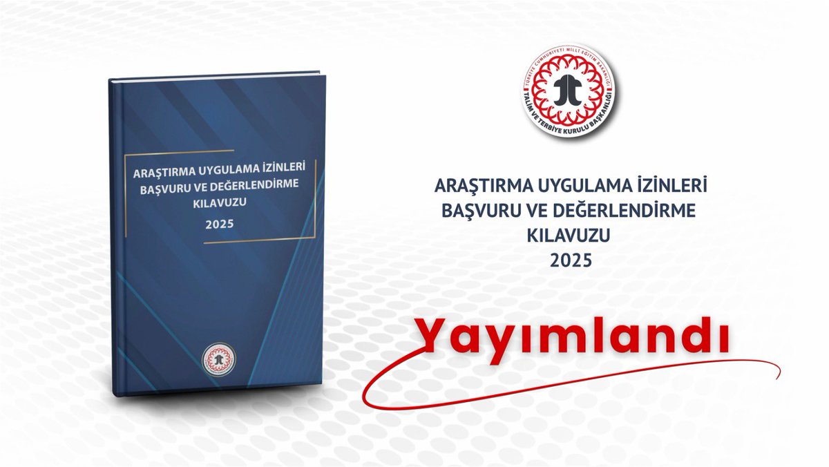 Araştırma Uygulama İzinleri Yönergesi’ne ve Yönerge’de yer almayan hususlar ile istisnai durumlara ilişkin açıklamalar içeren  “Araştırma Uygulama İzinleri Başvuru ve Değerlendirme Kılavuzu” yayımlanmıştır.
Detaylı bilgi için 👉 meb.ai/UEV5zkl