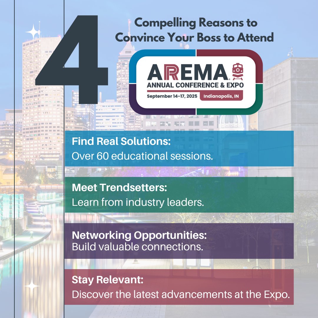 Want to attend #AREMA2025 but need the green light? Use the Convince Your Boss Toolkit to make your case.

✅ 60+ sessions
✅ Industry leaders
✅ Networking
✅ Expo innovation

🔗 zurl.co/eUC1w 

#CareerGrowth #RailwayEngineering #ProfessionalDevelopment