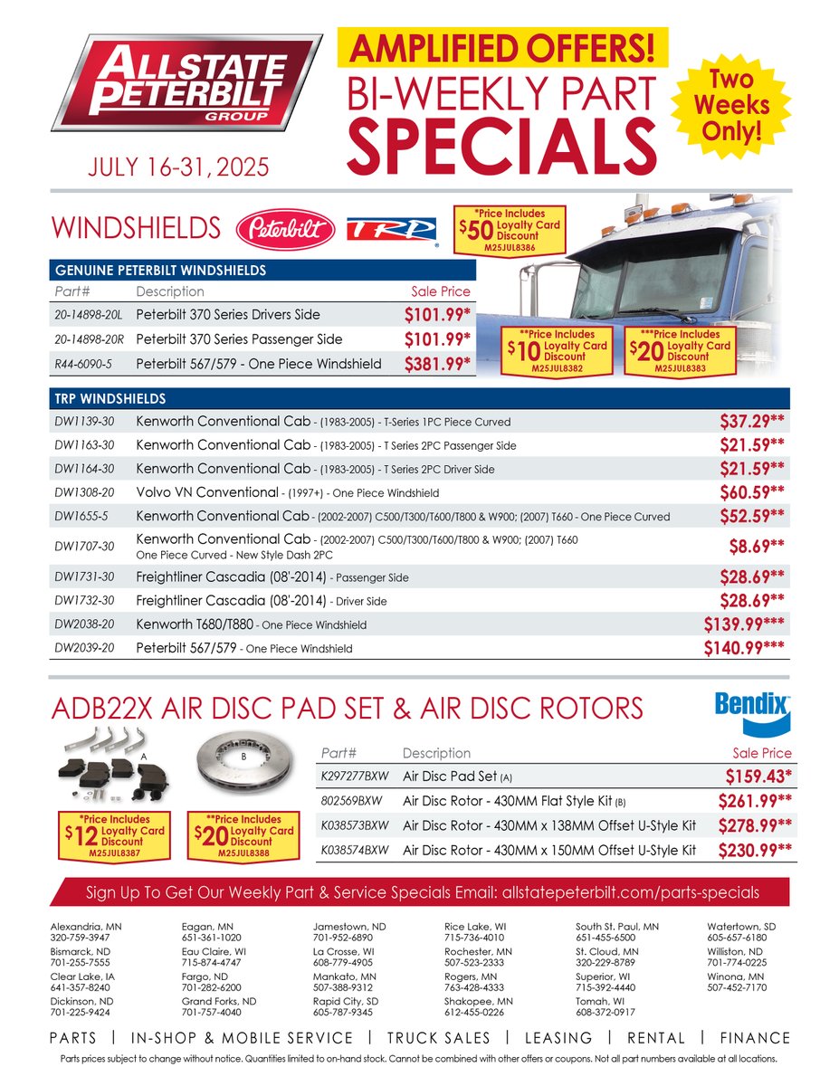 PeterbiltGroup's tweet image. 🚨 Our bi-weekly parts specials are live! Save big on Peterbilt, TRP Windshields &amp;amp; #Bendix Air Disc Pad Sets &amp;amp; Rotors!
👉 Connect: bit.ly/49o8yaP
🔎 Shop deals: bit.ly/3JKOsOO
#TruckParts #PartSpecials #Trucks