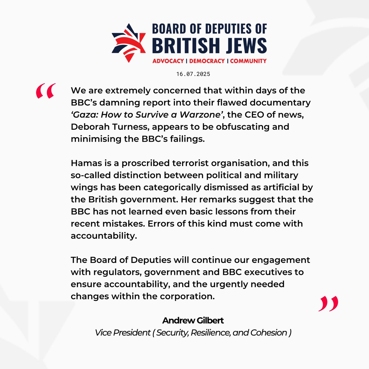 BoardofDeputies's tweet image. “We are extremely concerned that within days of the BBC’s damning report into their flawed documentary ‘Gaza: How to Survive a Warzone’, the CEO of news Deborah Turness appears to be obfuscating and minimising the BBC’s failings.”
Our full statement: