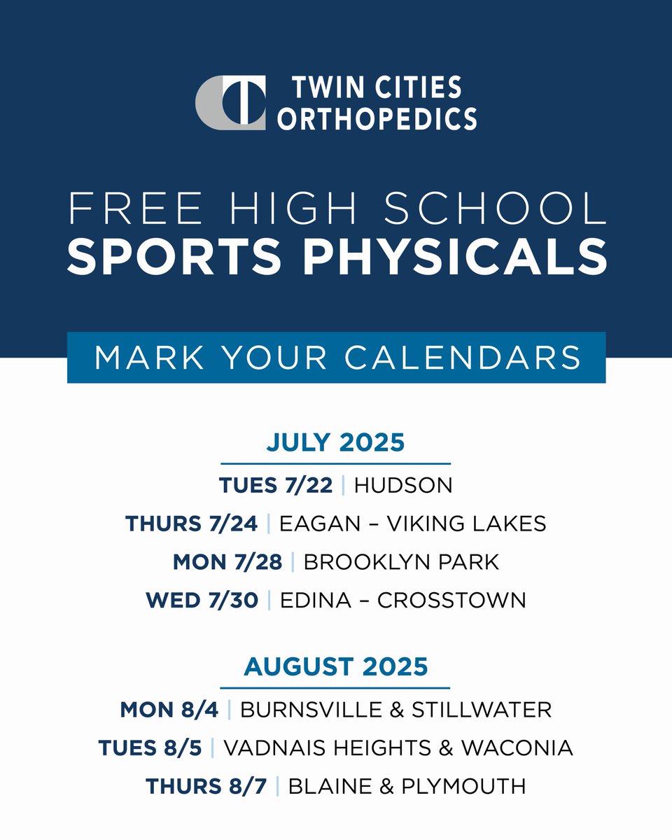 SSP Athletics and Activities (@sspathletics) on Twitter photo For the 13th year, our partner Twin Cities Orthopedics is offering FREE high school sports physicals. Mark your calendars. Registration opens June 16. TCOmn.com/SportsPhysicals
<a href="/SSPPS6/">South St. Paul Public Schools</a> For the 13th year, our partner Twin Cities Orthopedics is offering FREE high school sports physicals. Mark your calendars. Registration opens June 16. TCOmn.com/SportsPhysicals
<a href="/SSPPS6/">South St. Paul Public Schools</a>