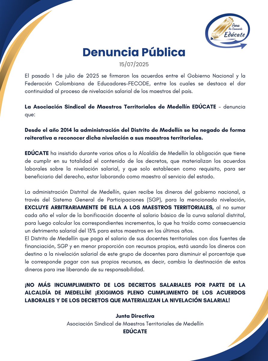 MaestrosEducate's tweet photo. Denuncia pública.🚨

El Distrito de Medellín incumple con la nivelación salarial a sus maestros territoriales.

@DanielRMed https://t.co/EkWMm0UUjU