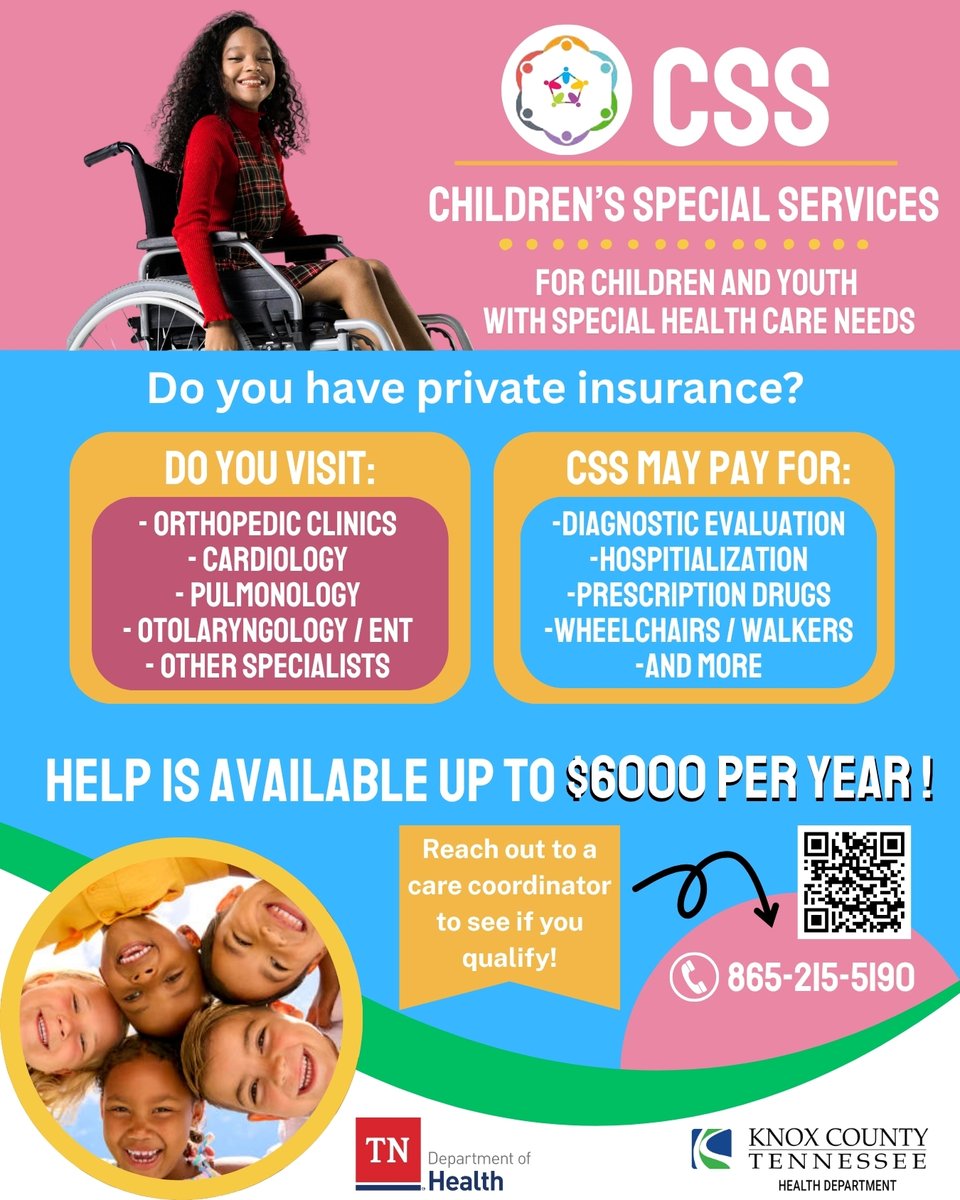 Children and youth with special health care needs may be eligible for Children's Special Services (CSS).

CSS provides reimbursement for medical services and care coordination. 

For more information, visit knoxcounty.org/health/chant/c….