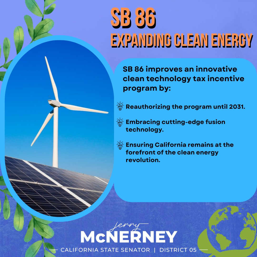 SenMcNerney's tweet image. On a roll! The #caleg Assembly Revenue & Taxation Committee unanimously approved SB 86, which would create more clean energy jobs in CA by extending a key program that provides tax incentives to green energy manufacturers. Also adds fusion energy to the program.
