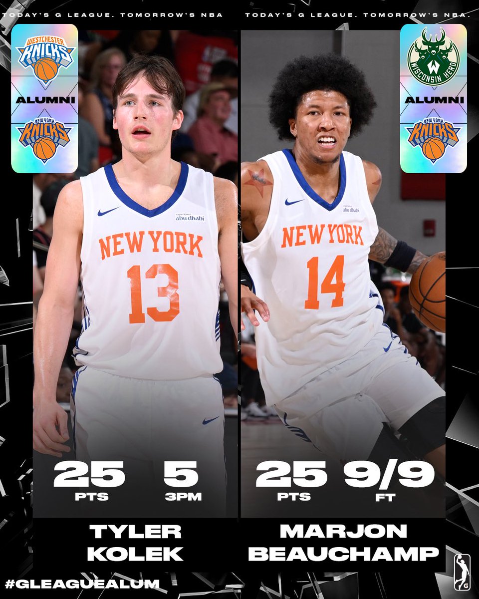 nbagleague's tweet image. BANG BANG! Tyler Kolek and MarJon Beauchamp combined for 5️⃣0️⃣ PTS to lead the @nyknicks over the Nets at #NBASummer. 

💥 Kolek: 25 PTS, 4 STL, 5 3PM
💥 Beauchamp: 25 PTS, 5 REB, 9/9 FT