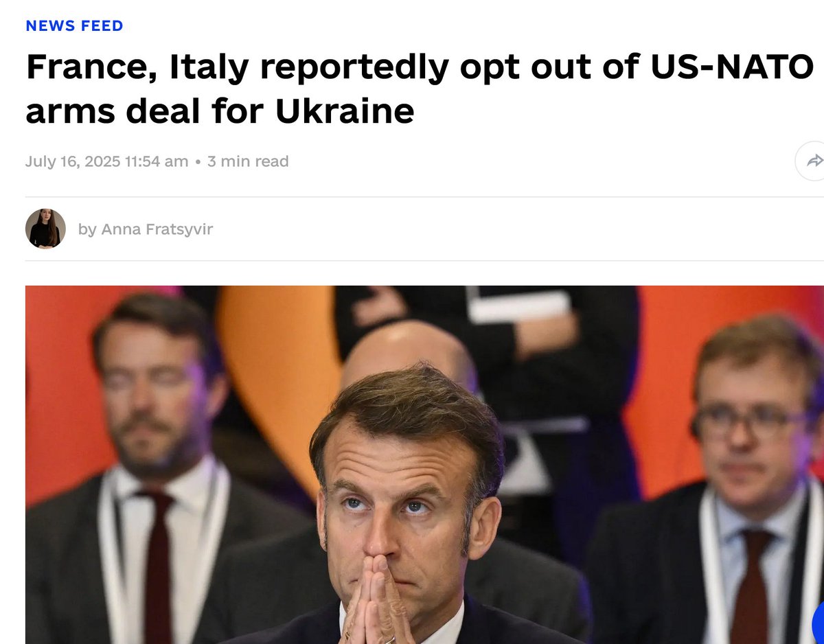 Arno Gottschalk (@arnogottschalk) on Twitter photo 📌 Frankreich und Italien steigen aus NATO-Waffenfonds für Ukraine aus
Beide Länder wollen sich nicht an der neuen NATO-Initiative zur Finanzierung von US-Waffenlieferungen an die Ukraine beteiligen (Politico/La Stampa, 16. Juli).
▶️ Frankreich verweist auf Haushaltsdruck und 📌 Frankreich und Italien steigen aus NATO-Waffenfonds für Ukraine aus
Beide Länder wollen sich nicht an der neuen NATO-Initiative zur Finanzierung von US-Waffenlieferungen an die Ukraine beteiligen (Politico/La Stampa, 16. Juli).
▶️ Frankreich verweist auf Haushaltsdruck und
