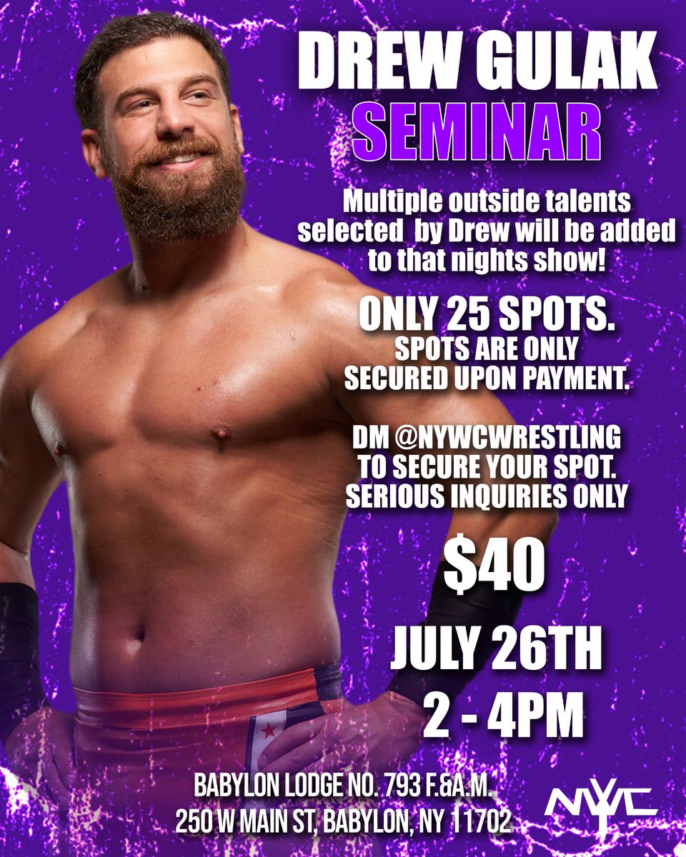 NYWCWRESTLING's tweet image. Earn a spot on our main card by being selected by @DrewGulak from his seminar!
The opportunity to learn is worth the price alone, but we want to see what you got too!
Purchase at
Nywcprowrestling.com
