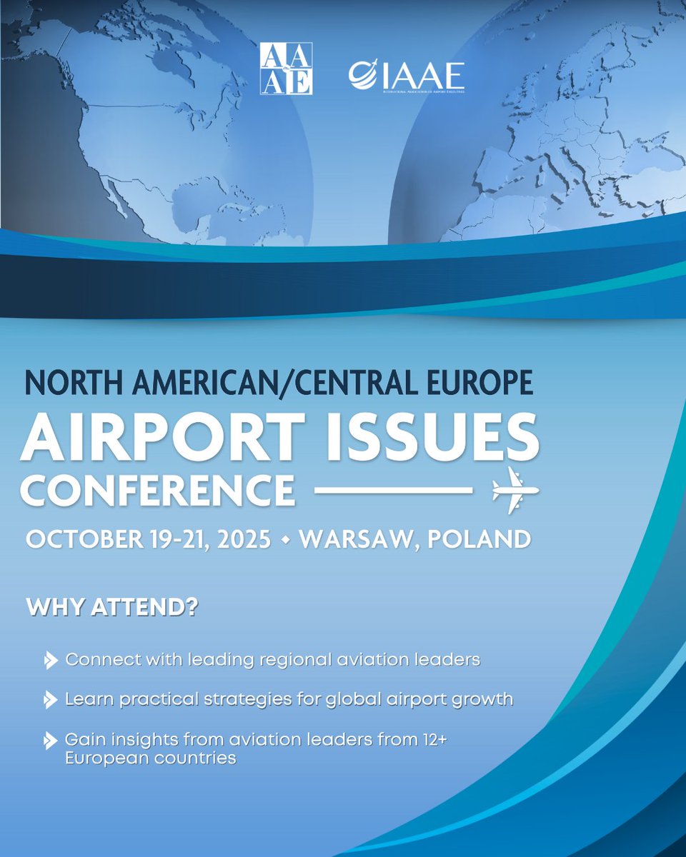 AAAEDelivers's tweet image. The North America/Central Europe Airport Issues Conference, happening October 19–21, is coming to Warsaw, Poland!

Don’t miss your chance to be part of the conversations shaping the future of our industry. ✈️

🔗Register at:hubs.la/Q03xsMMR0