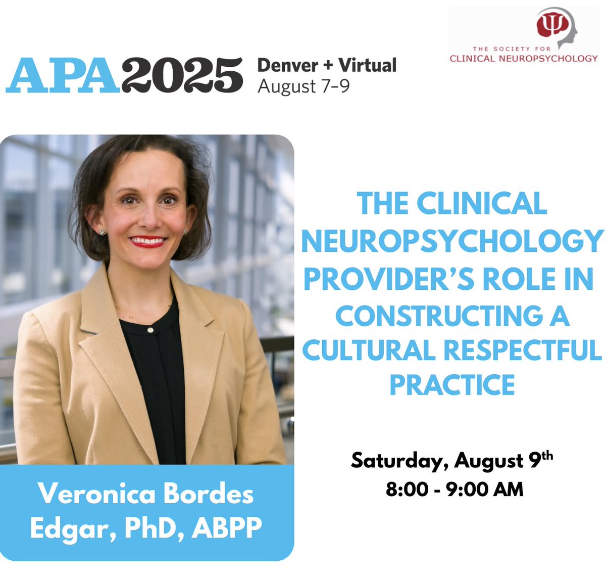 APADivision40's tweet image. 🧠 Don't miss Dr. Veronica Bordes Edgar at #APA2025: “The Clinical Neuropsychology Provider’s Role in Constructing a Culturally Respectful Practice”
Join this important conversation on equity, identity, and culturally responsive care in neuropsychology!