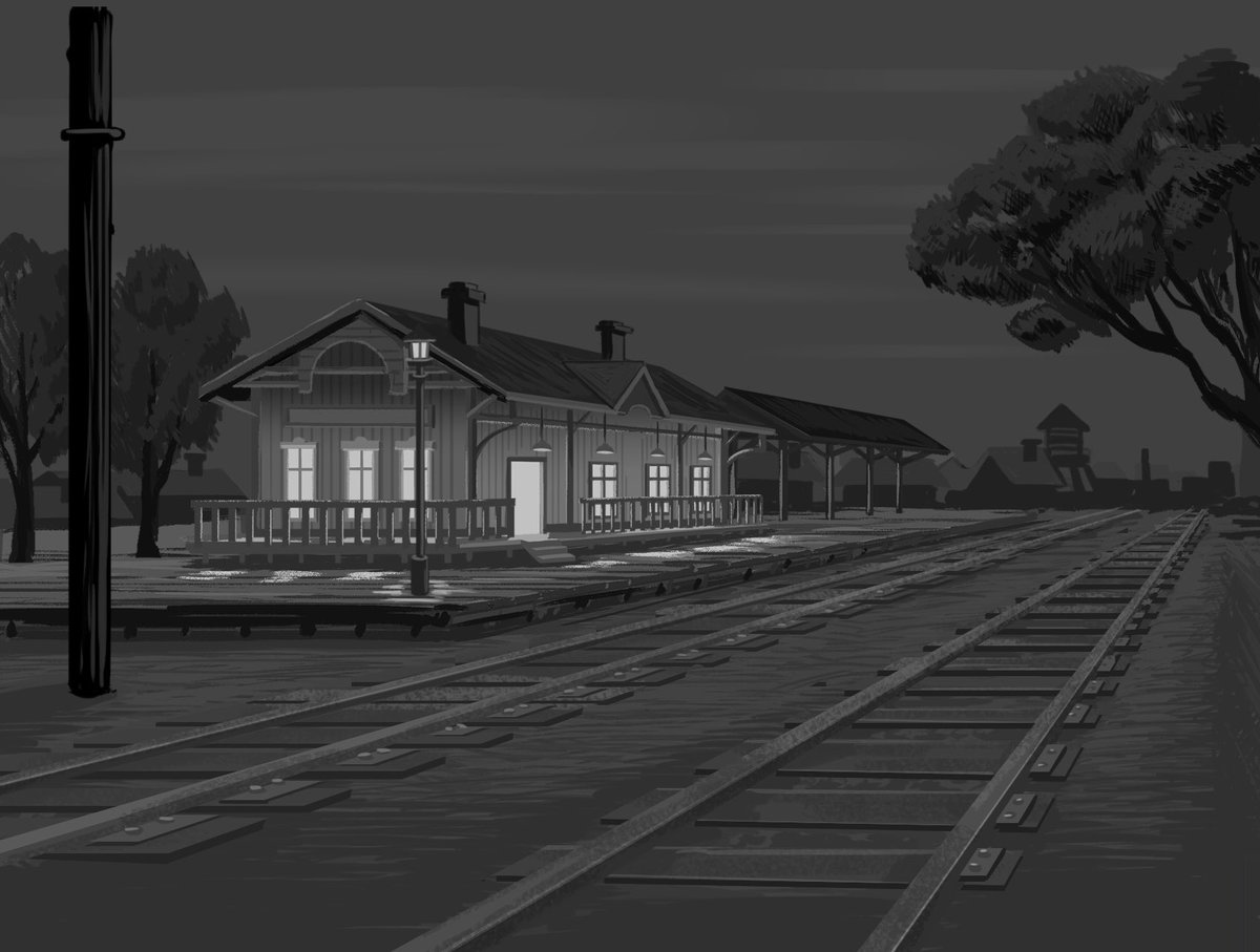 aya2yuki's tweet image. BG designs from my freelance project! I tried to make them look like old black and white photos. Some sketched in Blender and painted in Photoshop.