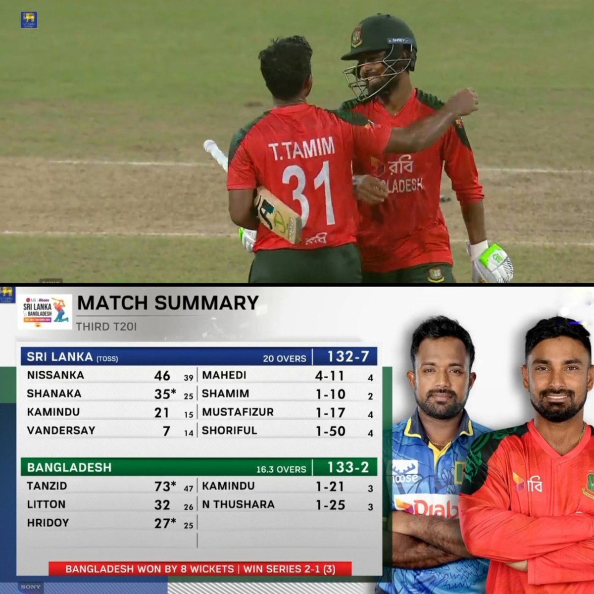 IamUthso's tweet photo. In the third and final match of the three-match T20I series, Bangladesh defeated Sri Lanka by 8 wickets to clinch their first-ever T20I series win against Sri Lanka on Sri Lankan soil! 🏆🔥

🏏 Series result: 2-1
💪 Tigers’ first-ever series victory in Sri Lanka https://t.co/5IIlzybLWd