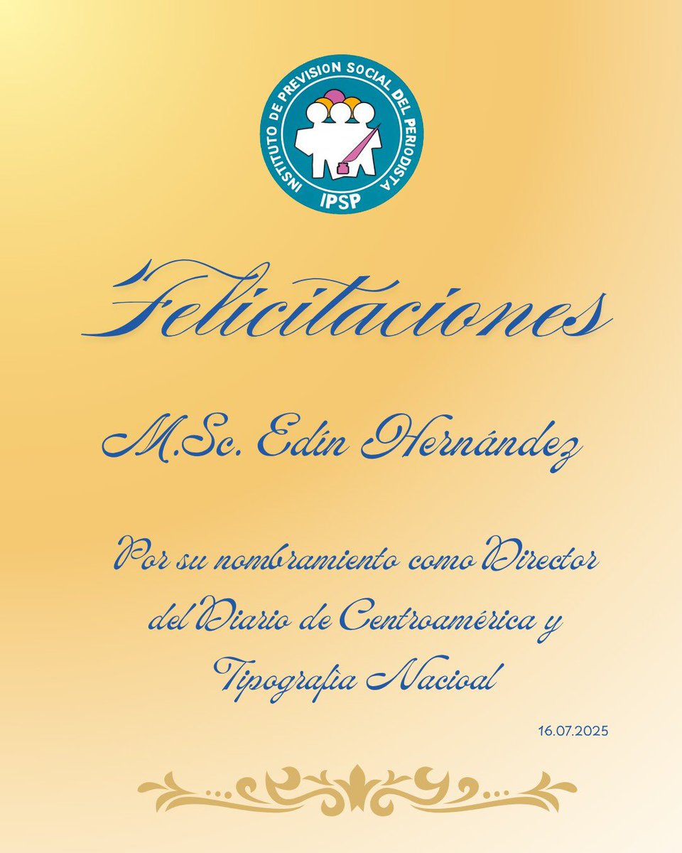 🎖️ Expresamos nuestra felicitación al estimado periodista y Directivo *MSc. <a href="/EdinBHernandez/">Edin Hernández</a> por su reciente nombramiento como Director del <a href="/DiariodeCA/">Diario de Centro América</a>  y Tipografía Nacional. 📰
Le deseamos muchos éxitos en esta nueva etapa. 🌟