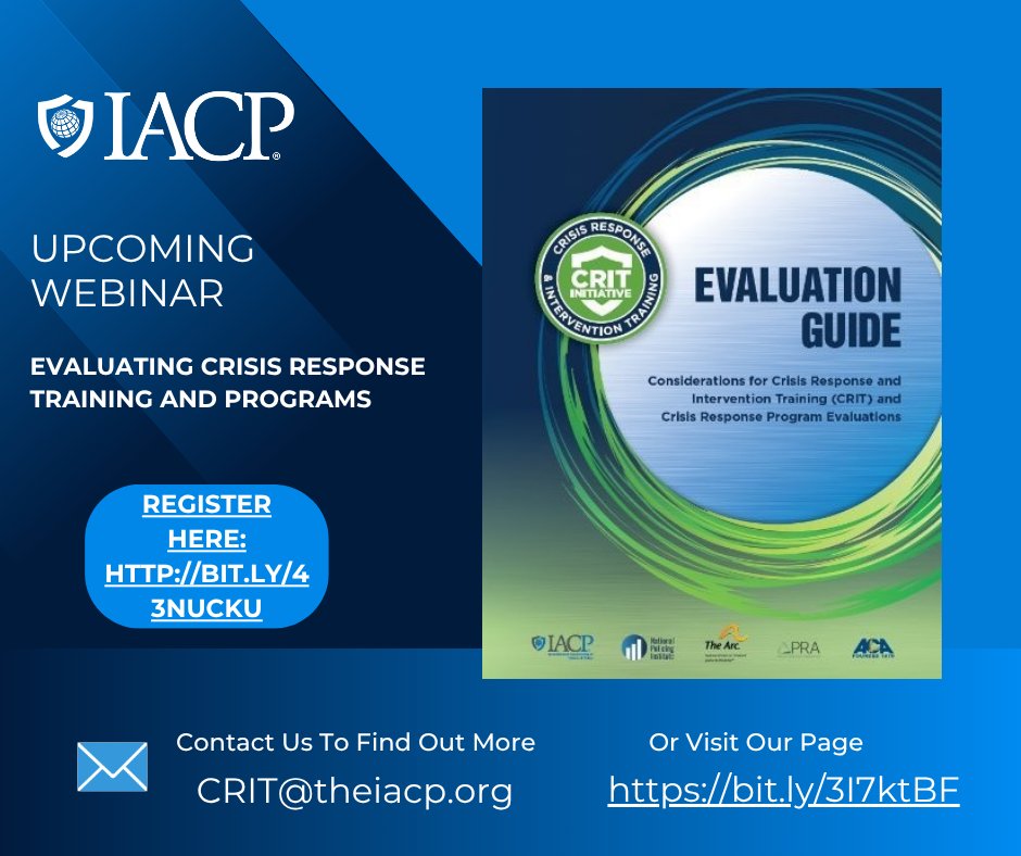 The IACP (@theiacp) on Twitter photo Join us 7/23 2:00â3:30 PM ET for an informational session on Evaluating Crisis Response and Training Programs. Learn how evaluation can advance agency crisis response efforts! Gain insights, practical tools, and hear real-world successes from <a href="/boulderpolice/">Boulder Police Dept.</a>. Register here: Join us 7/23 2:00â3:30 PM ET for an informational session on Evaluating Crisis Response and Training Programs. Learn how evaluation can advance agency crisis response efforts! Gain insights, practical tools, and hear real-world successes from <a href="/boulderpolice/">Boulder Police Dept.</a>. Register here: