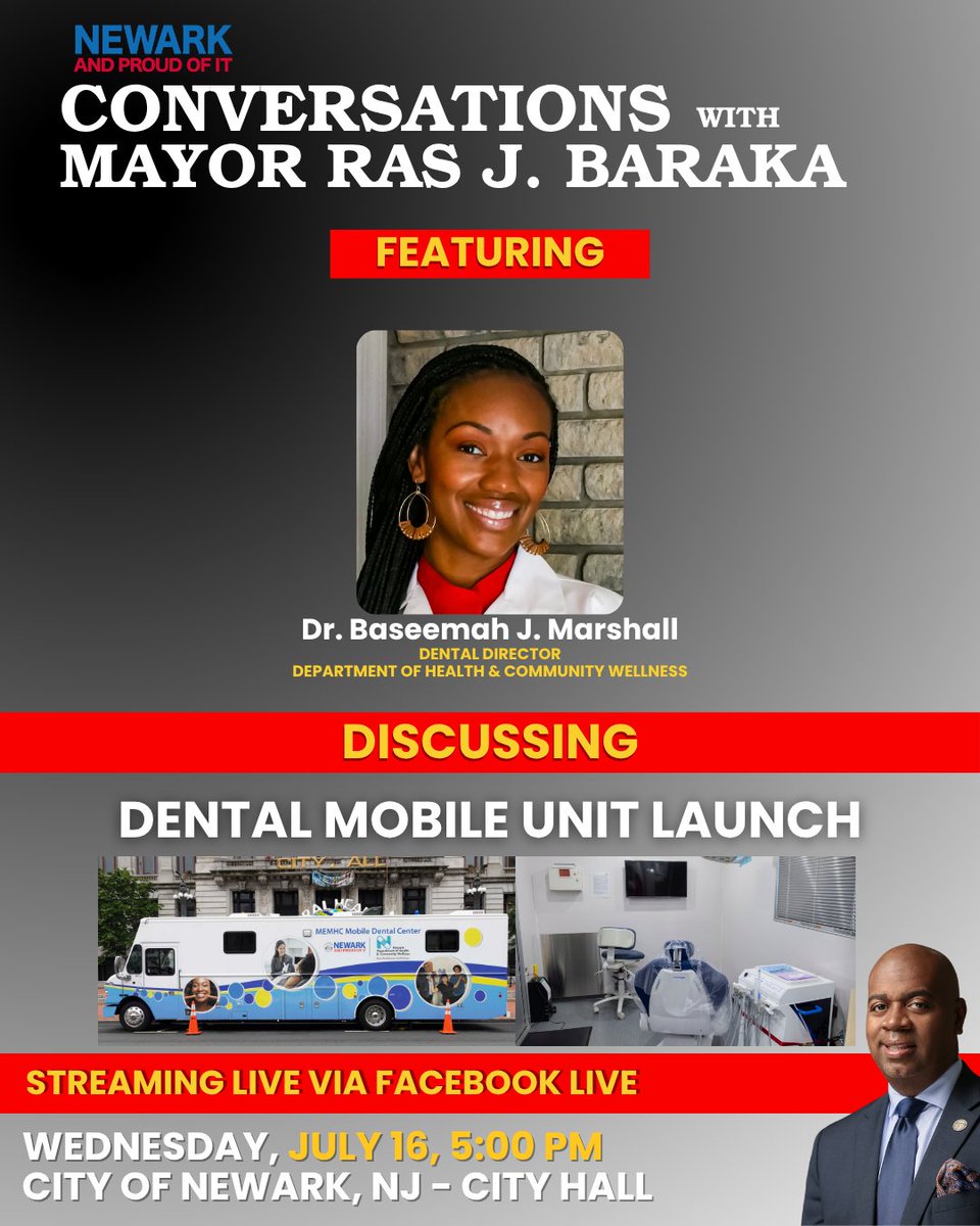 CityofNewarkNJ's tweet image. 📣 FB Live w/ Mayor Baraka
🗓️ Today @ 5PM
🦷 Hear about Newark’s new Dental Mobile Unit & updates from the Dept. of Health & Community Wellness!
🎙️ Guest: Dr. Baseemah J. Marshall, Dental Director
📍 Streaming on Facebook Live
#NewarkNJ #OralHealth #CommunityWellness
